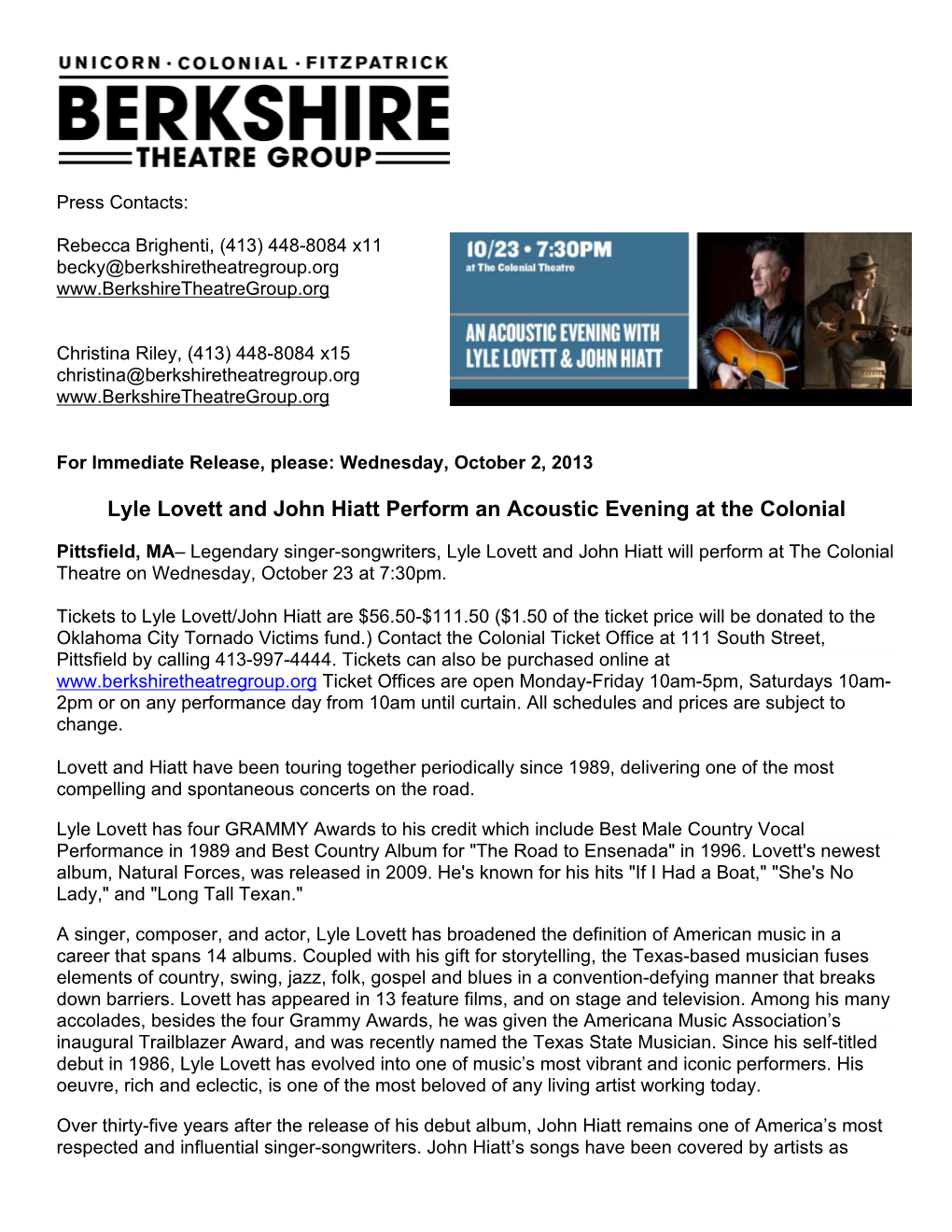 Lyle Lovett and John Hiatt Perform an Acoustic Evening at the Colonial