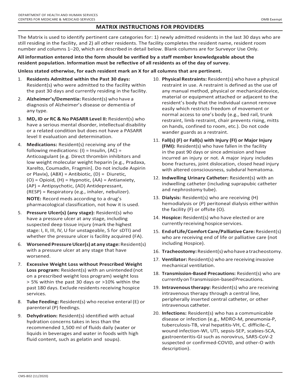 CMS 802 Matrix for Providers