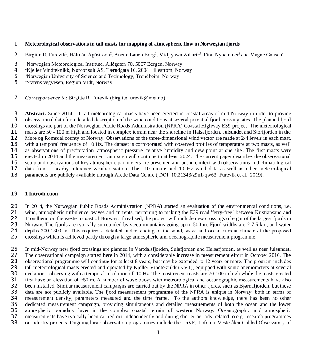 Meteorological Observations in Tall Masts for Mapping of Atmospheric Flow in Norwegian Fjords