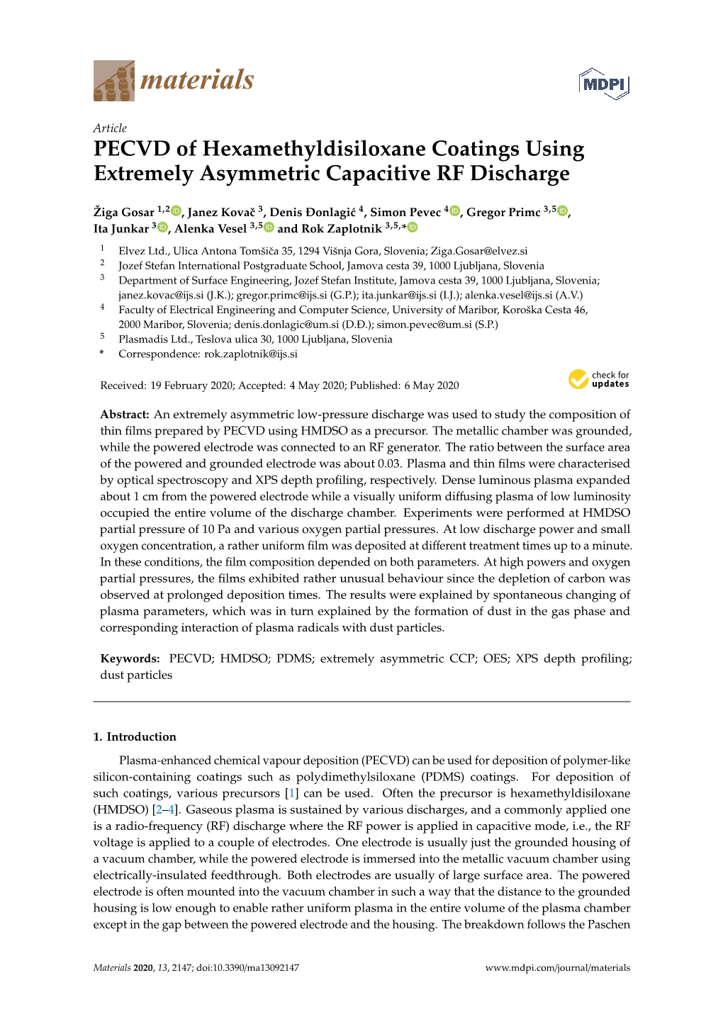 PECVD of Hexamethyldisiloxane Coatings Using Extremely Asymmetric Capacitive RF Discharge