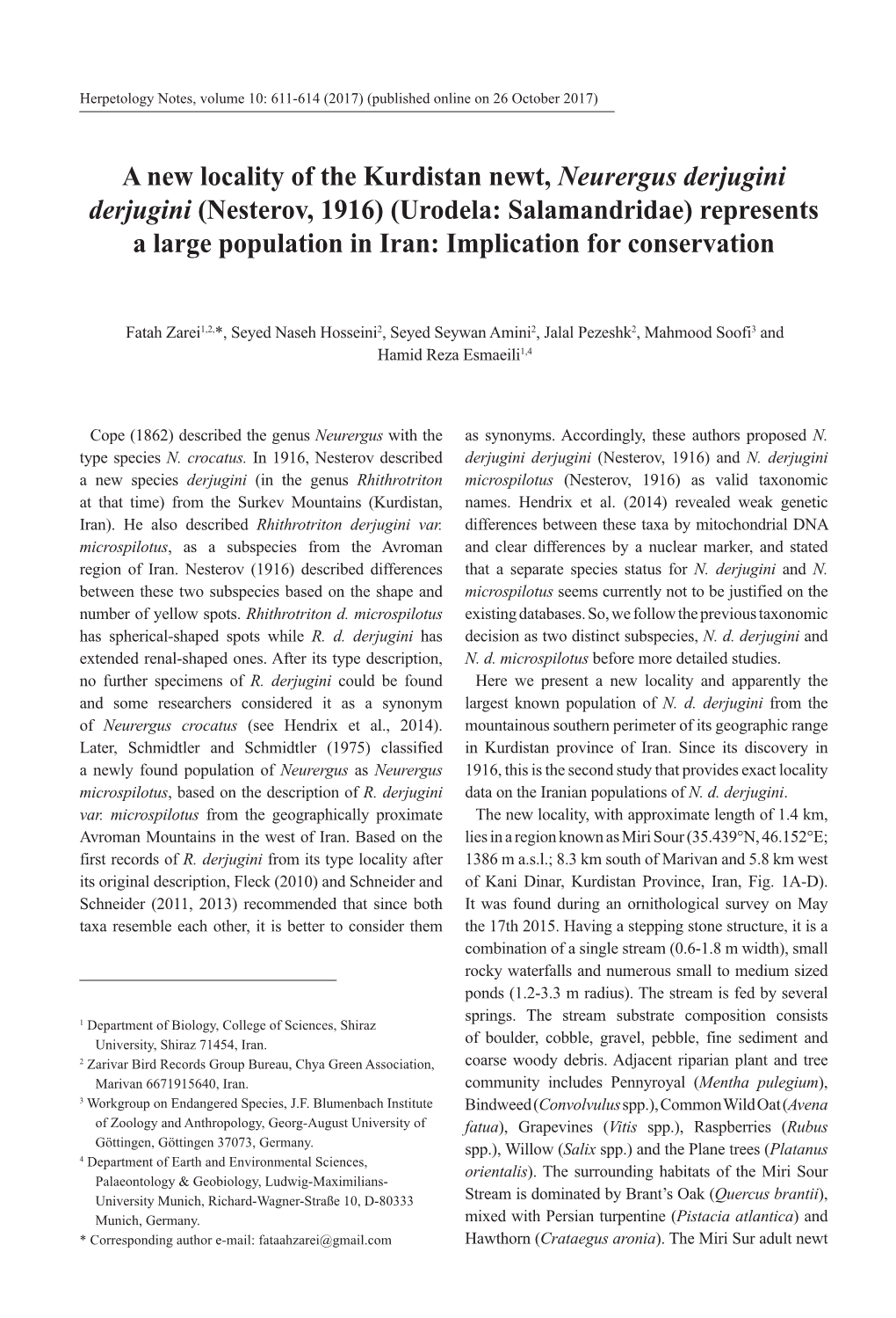 A New Locality of the Kurdistan Newt, Neurergus Derjugini Derjugini (Nesterov, 1916) (Urodela: Salamandridae) Represents a Large