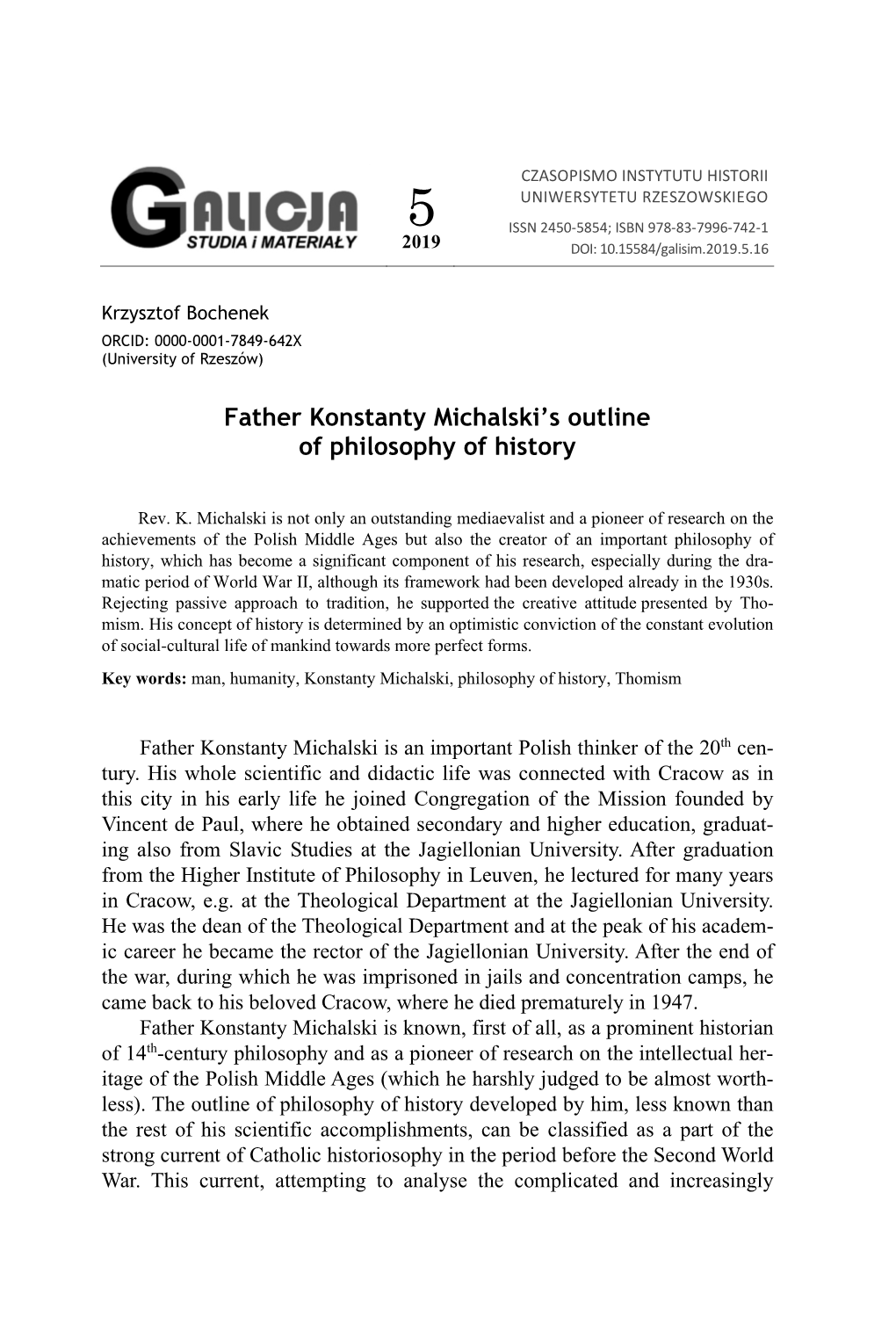 Father Konstanty Michalski's Outline of Philosophy of History