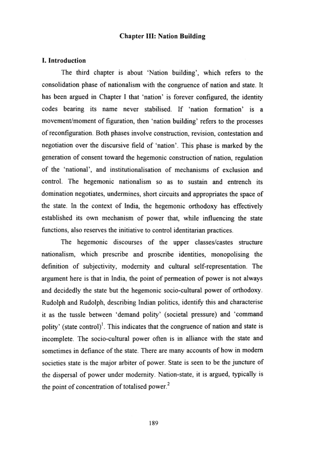 Chapter III: Nation Building I. Introduction the Third Chapter Is About 'Nation Building', Which Refers to the Consolidation