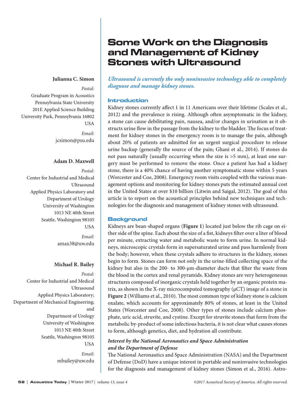 Some Work on the Diagnosis and Management of Kidney Stones with Ultrasound