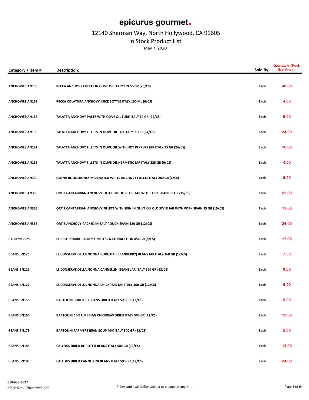 In Stock Product List May 7, 2020