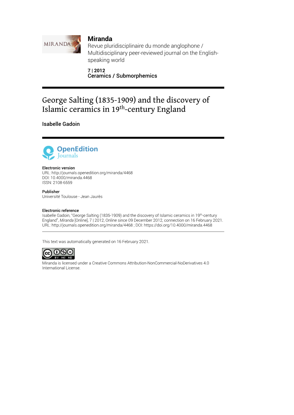 Miranda, 7 | 2012 George Salting (1835-1909) and the Discovery of Islamic Ceramics in 19Th-Cent