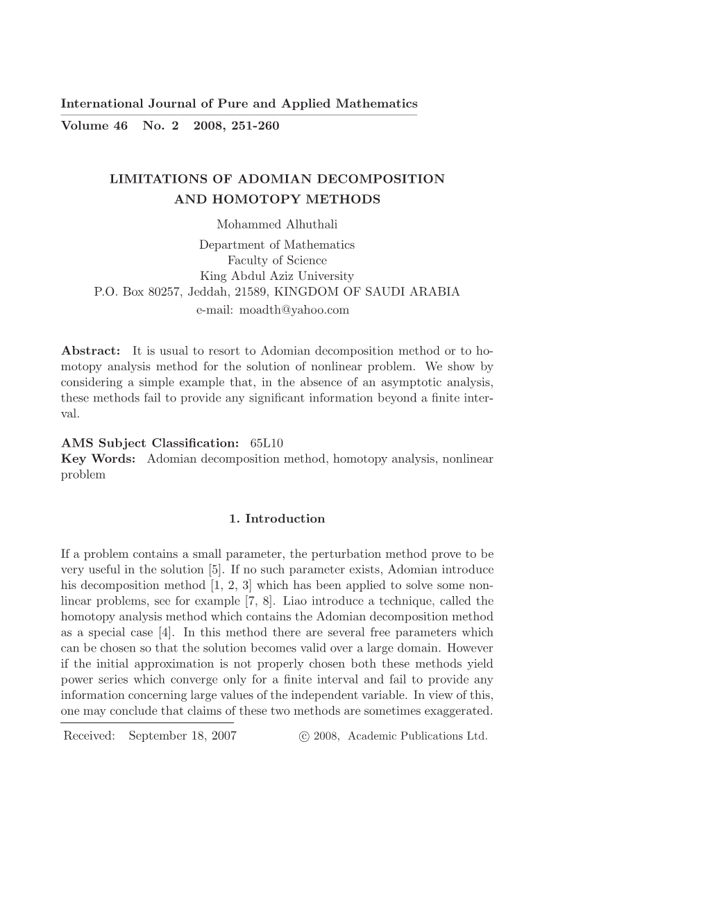 International Journal of Pure and Applied Mathematics ————————————————————————– Volume 46 No