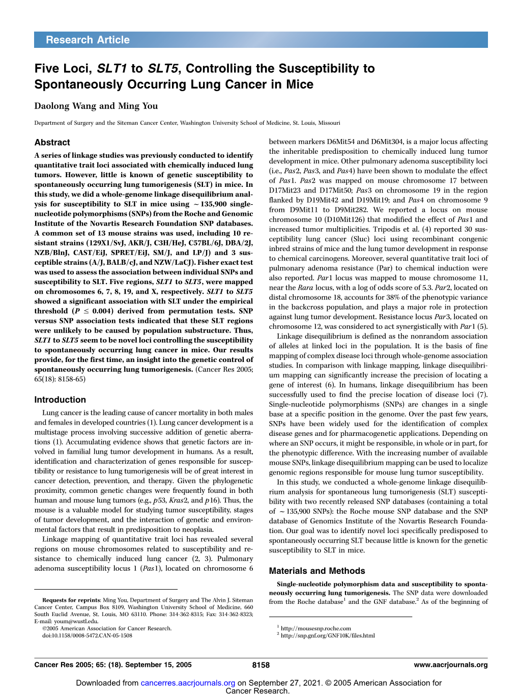 Five Loci, SLT1 to SLT5, Controlling the Susceptibility to Spontaneously Occurring Lung Cancer in Mice