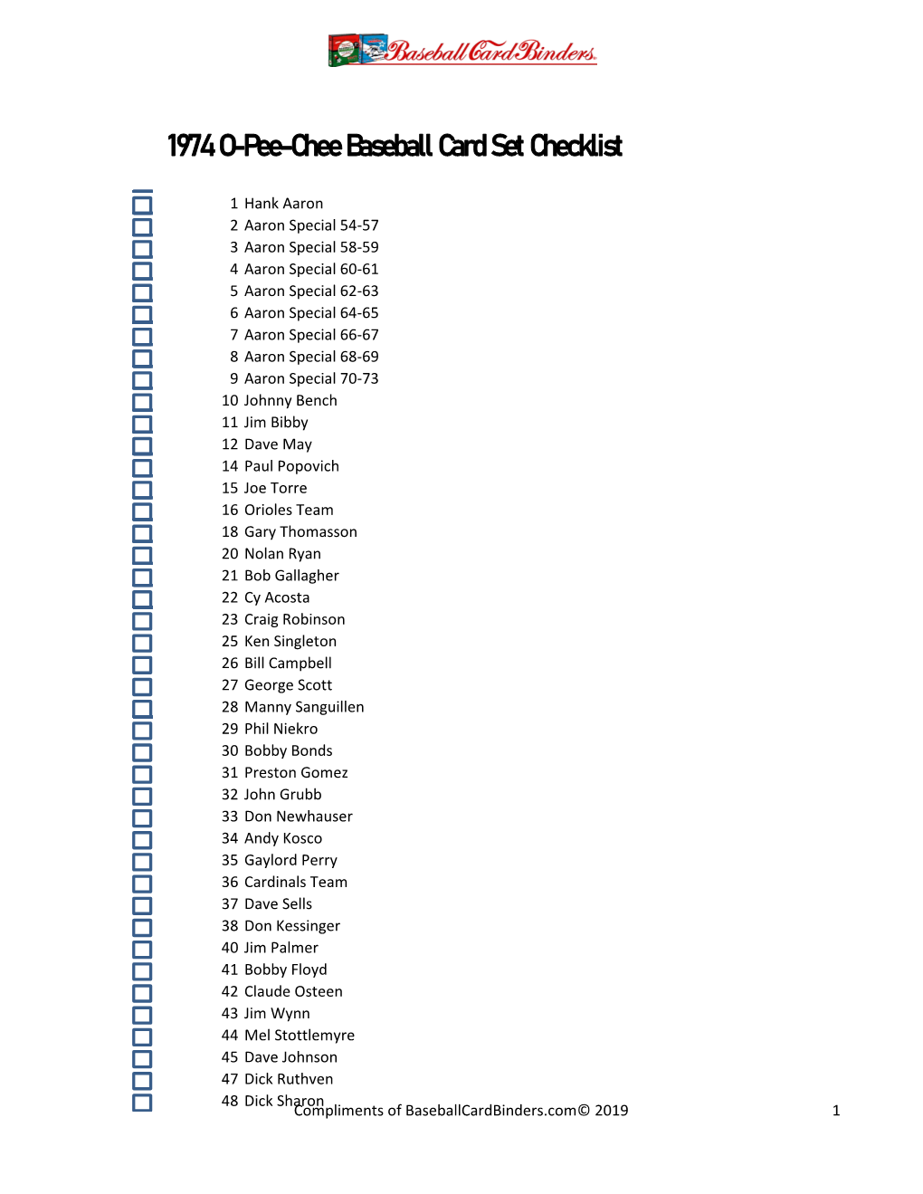 1974 O-Pee-Chee Baseball Card Set Checklist