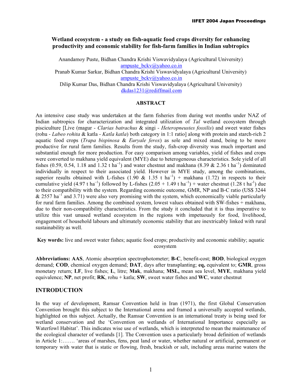 Wetland Ecosystem - a Study on Fish-Aquatic Food Crops Diversity for Enhancing Productivity and Economic Stability for Fish-Farm Families in Indian Subtropics