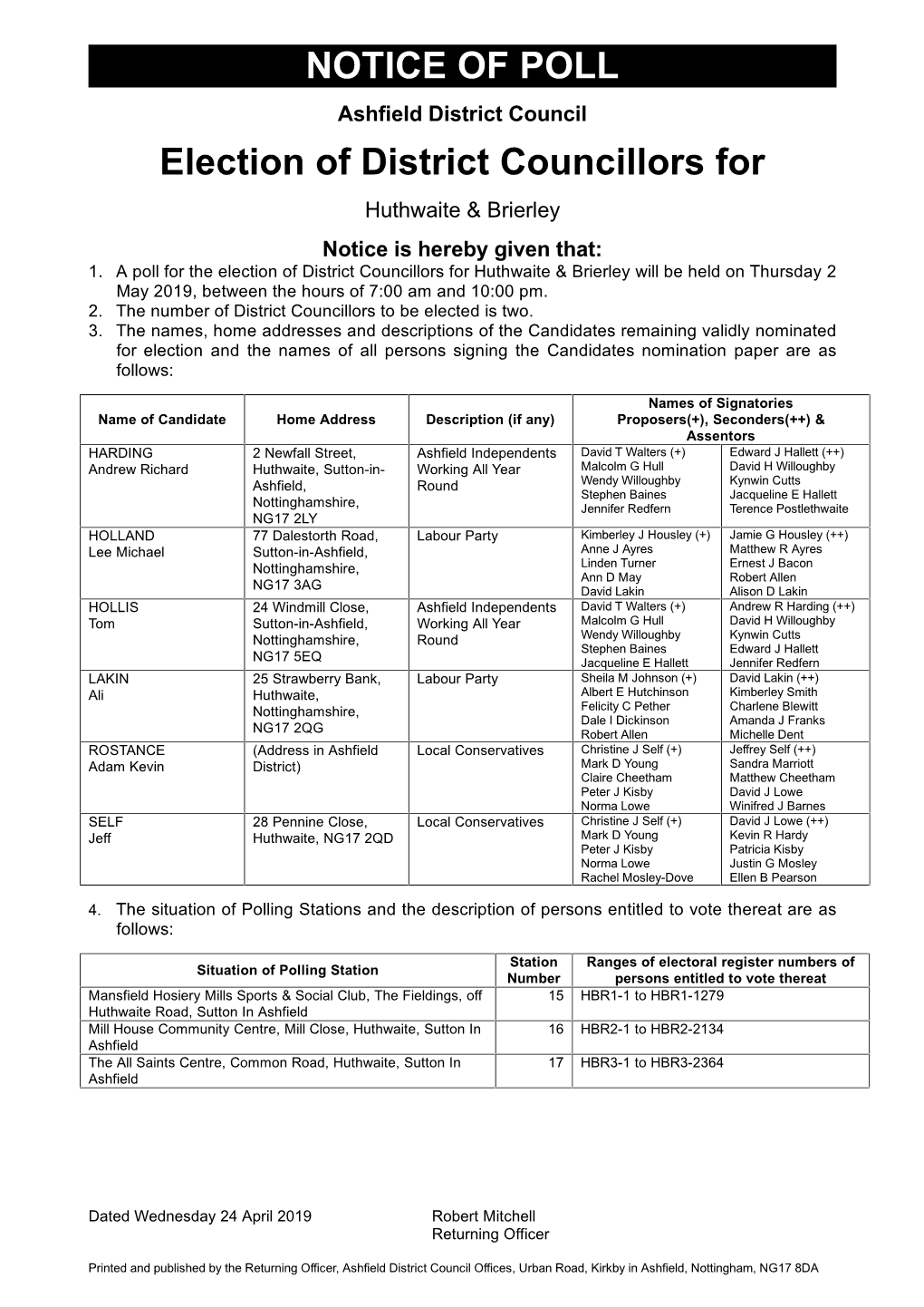 NOTICE of POLL Election of District Councillors