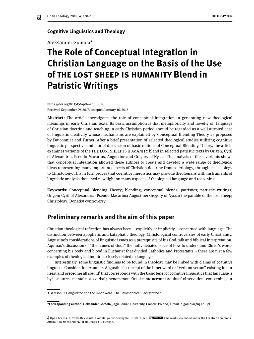 The Role of Conceptual Integration in Christian Language on the Basis of the Use of the Lost Sheep Is Humanity Blend in Patristic Writings