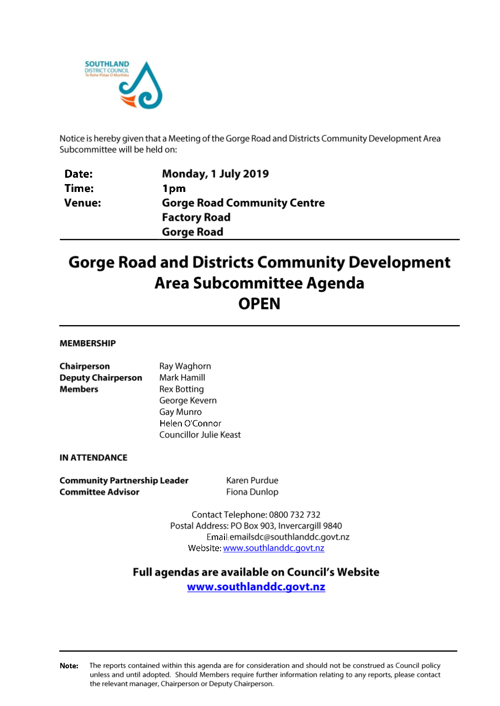 Agenda of Gorge Road and Districts Community Development Area