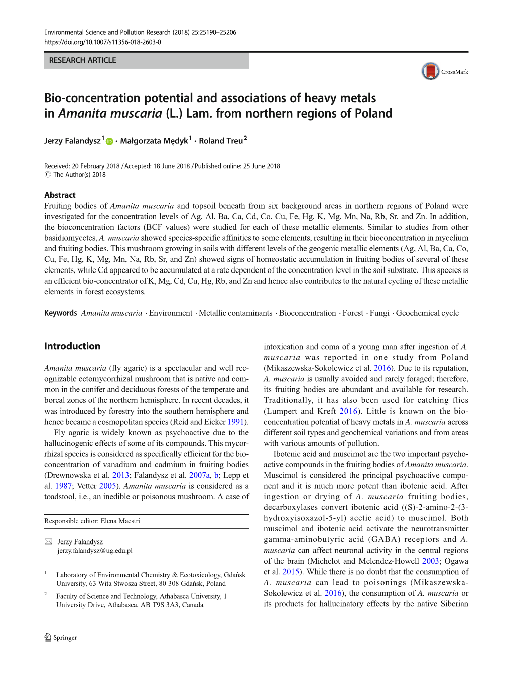 Bio-Concentration Potential and Associations of Heavy Metals in Amanita Muscaria (L.) Lam. from Northern Regions of Poland