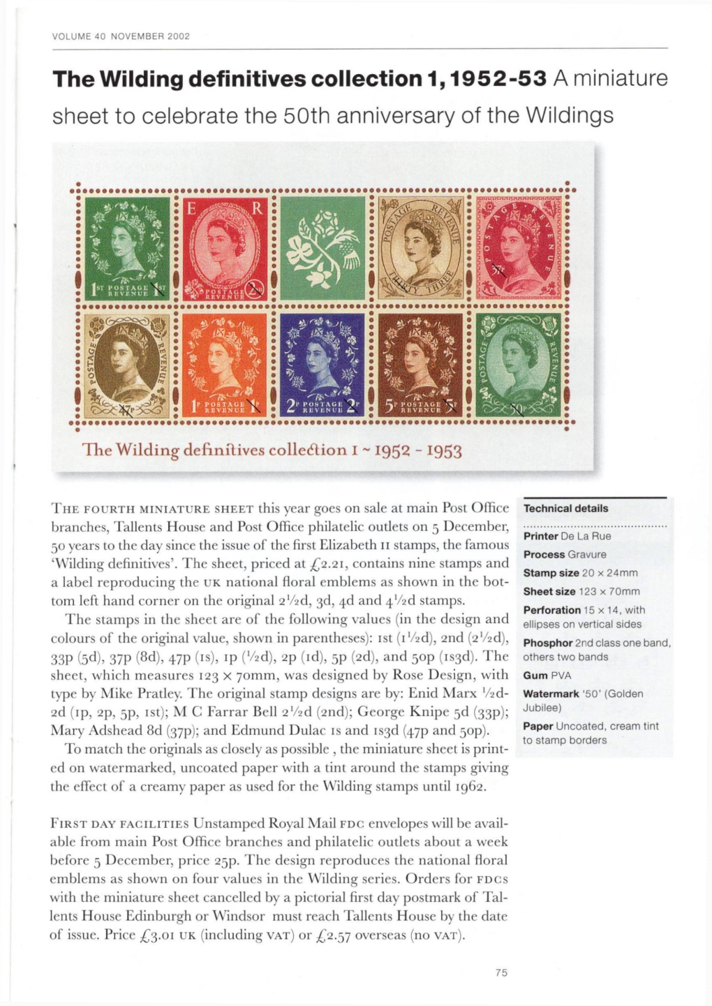 The Wilding Definitives Collection 1,1952-53 a Miniature Sheet to Celebrate the 50Th Anniversary of the Wildings