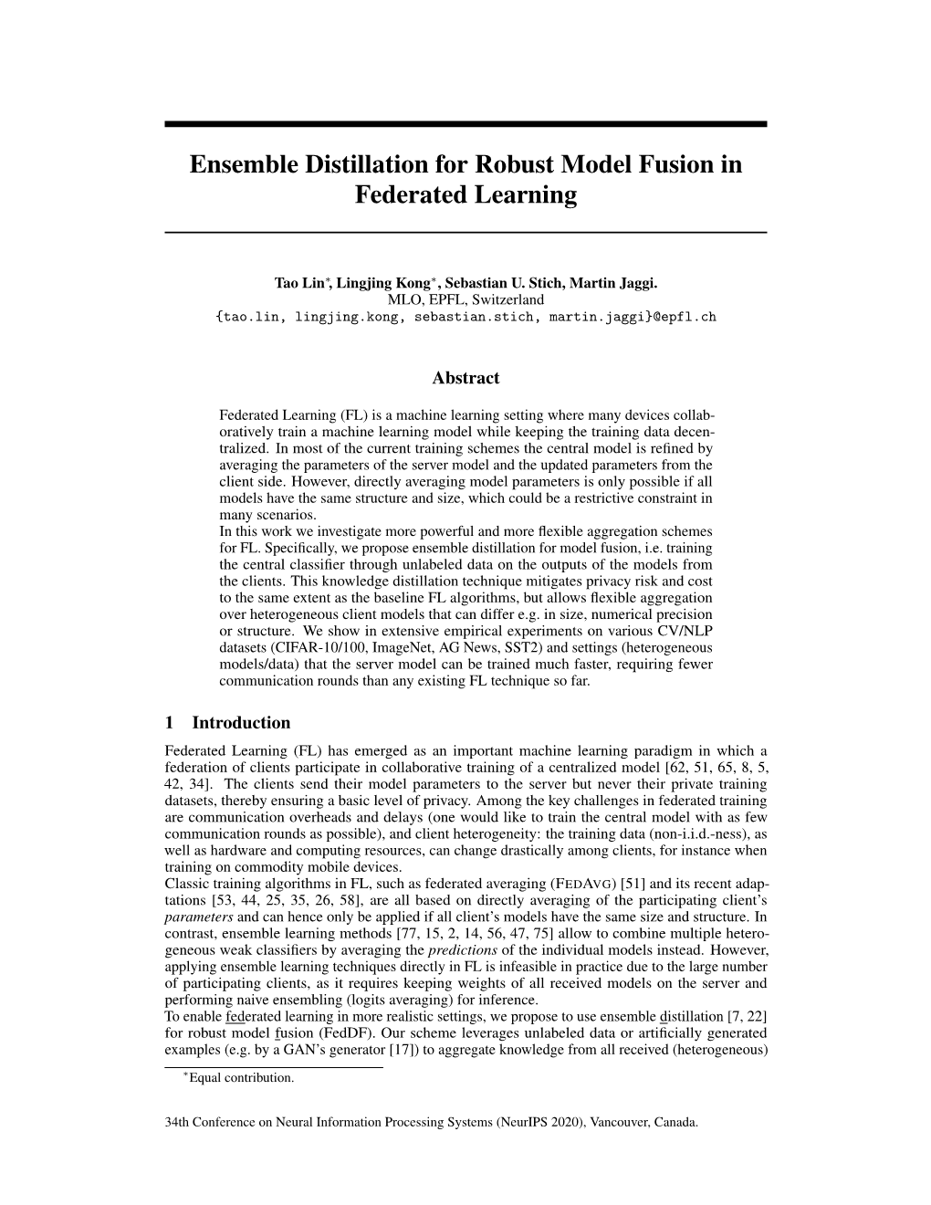 Ensemble Distillation for Robust Model Fusion in Federated Learning