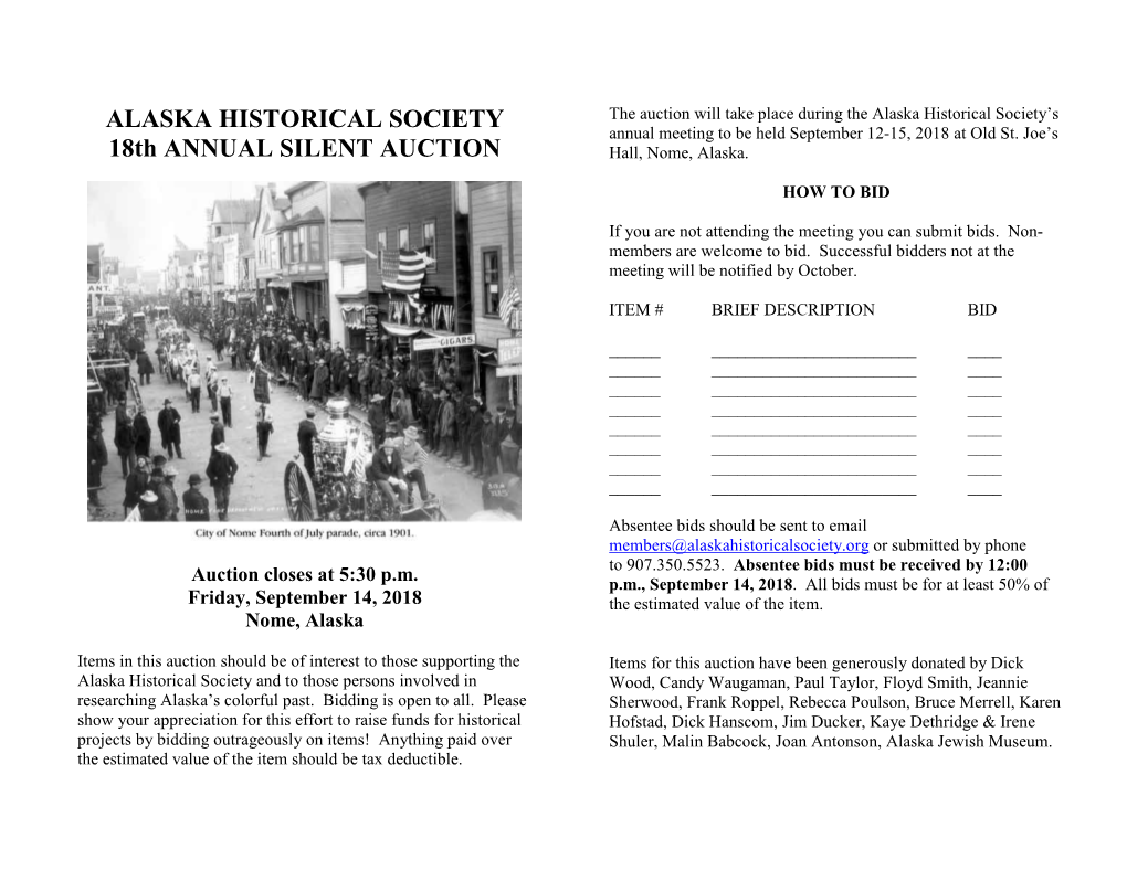 ALASKA HISTORICAL SOCIETY 18Th ANNUAL SILENT AUCTION