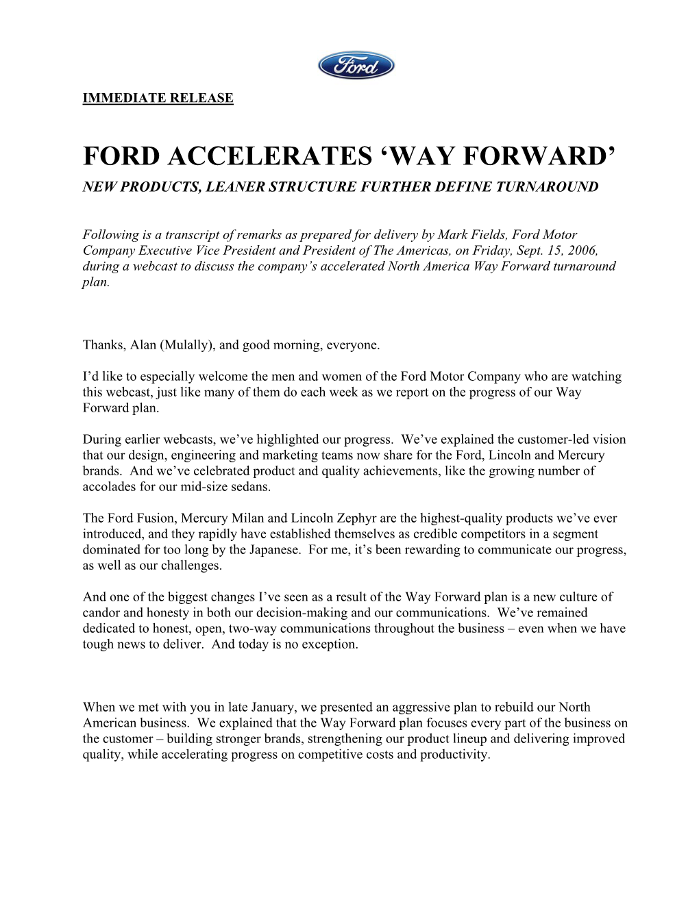 Ford Accelerates 'Way Forward'