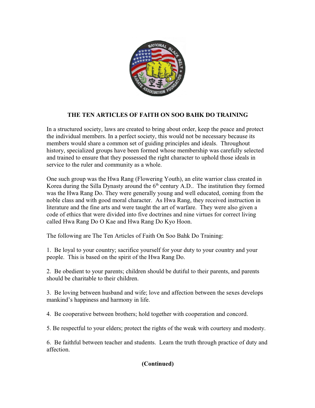 The Ten Articles of Faith on Soo Bahk Do Training