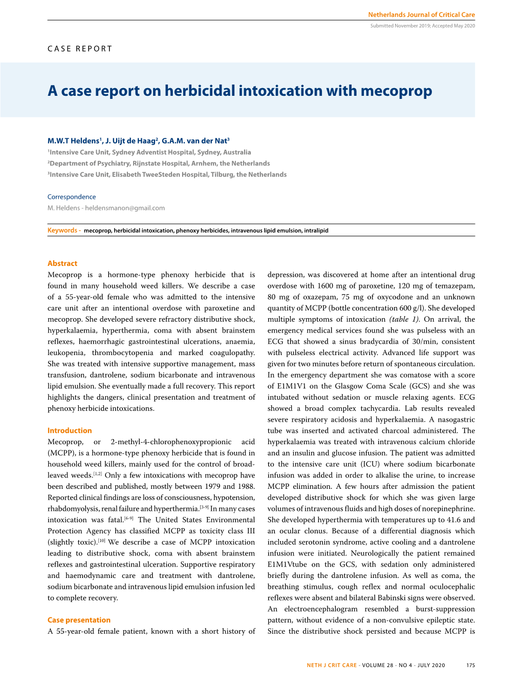 A Case Report on Herbicidal Intoxication with Mecoprop