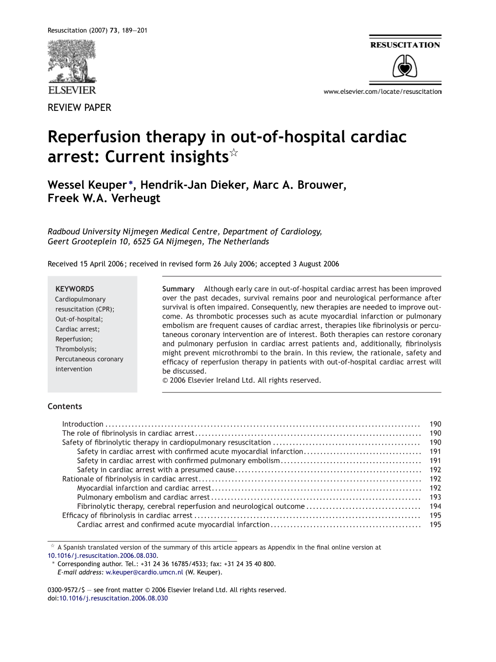 Reperfusion Therapy in Out-Of-Hospital Cardiac Arrest: Current Insightsଝ