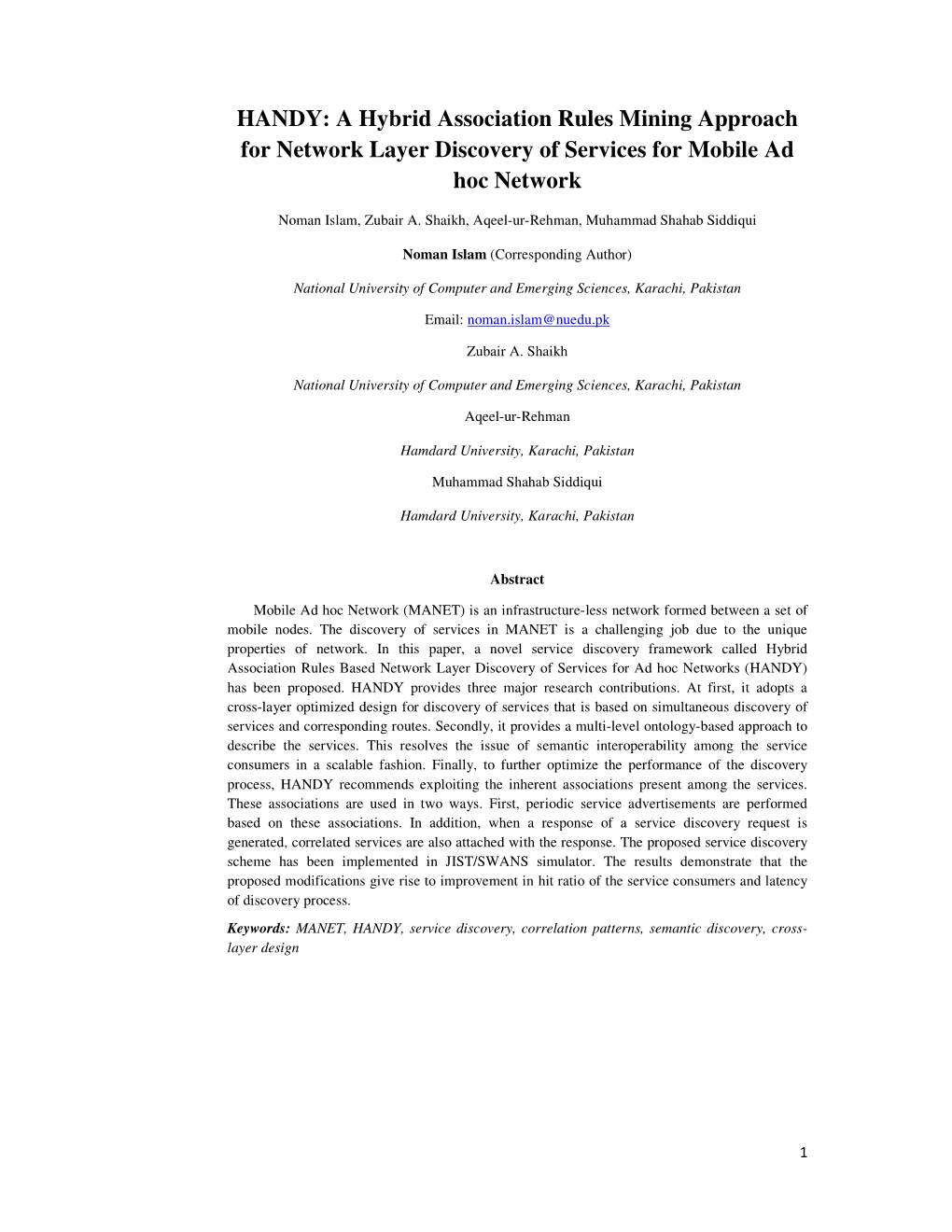 HANDY: a Hybrid Association Rules Mining Approach for Network Layer Discovery of Services for Mobile Ad Hoc Network