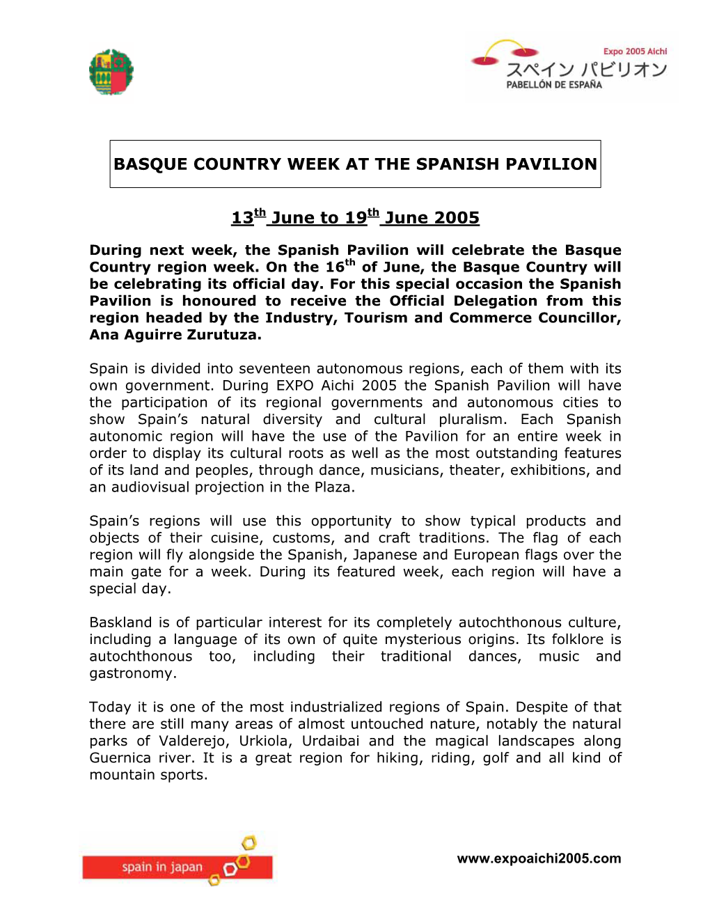 BASQUE COUNTRY WEEK at the SPANISH PAVILION 13Th June To