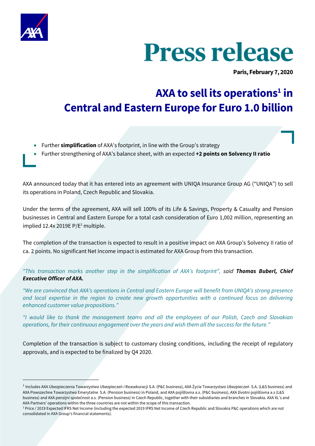 AXA to Sell Its Operations in Central And
