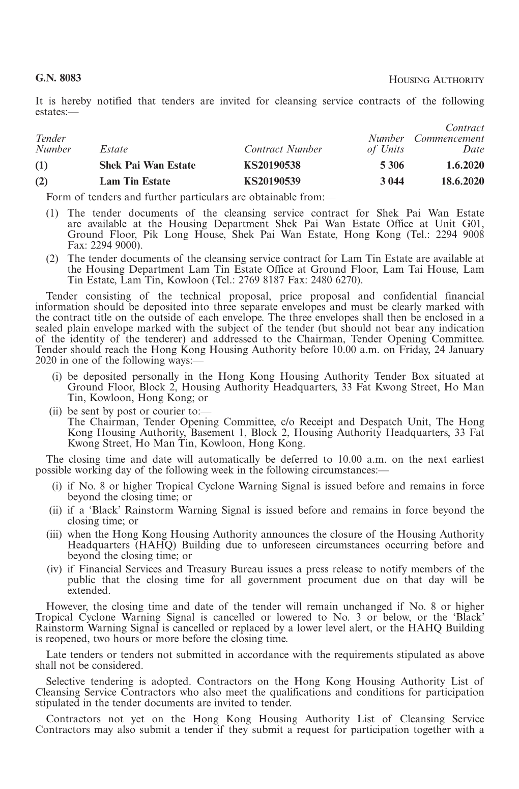 G.N. 8083 Housing Authority It Is Hereby Notified That Tenders Are