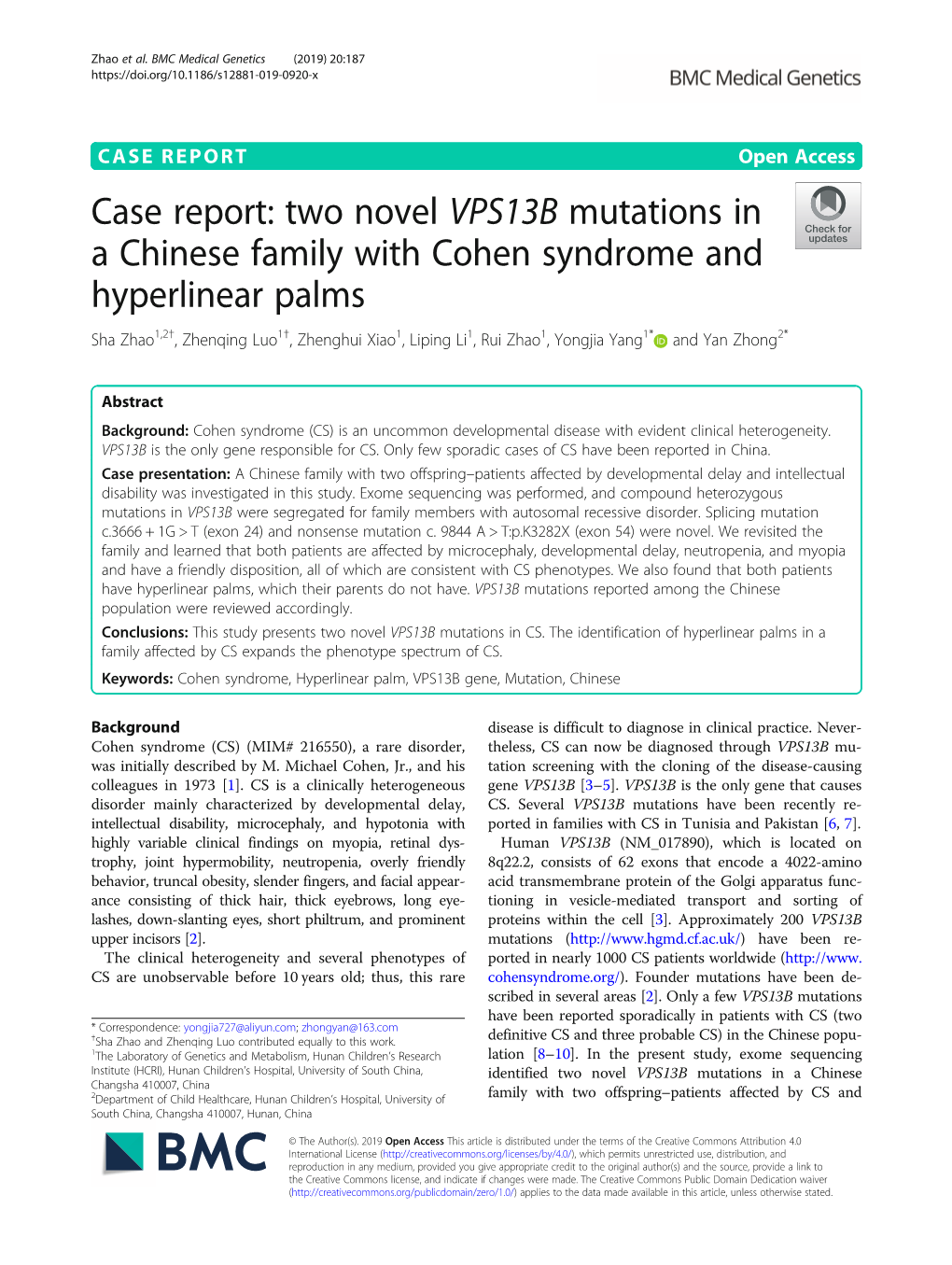 Two Novel VPS13B Mutations in a Chinese Family with Cohen