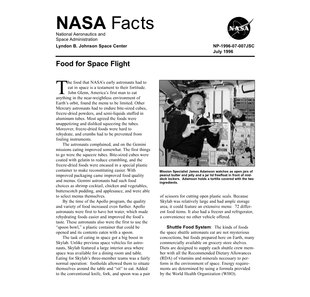 NASA Fact Sheet on Food for Spaceflight(220K)