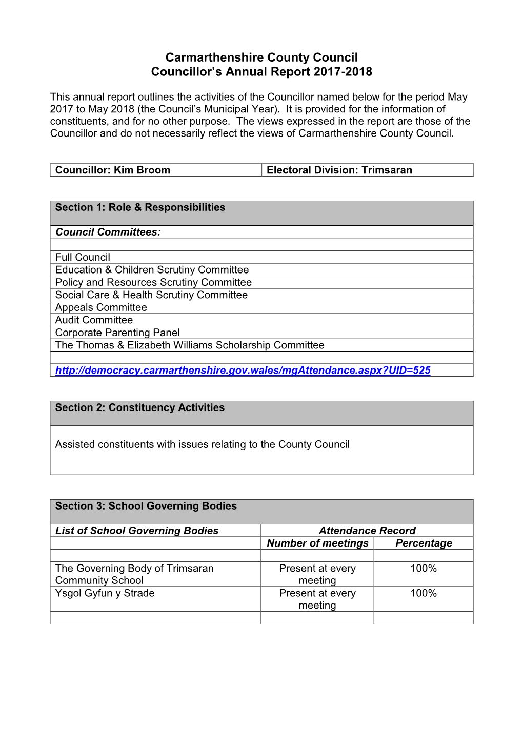 Carmarthenshire County Council Councillor's Annual Report 2017