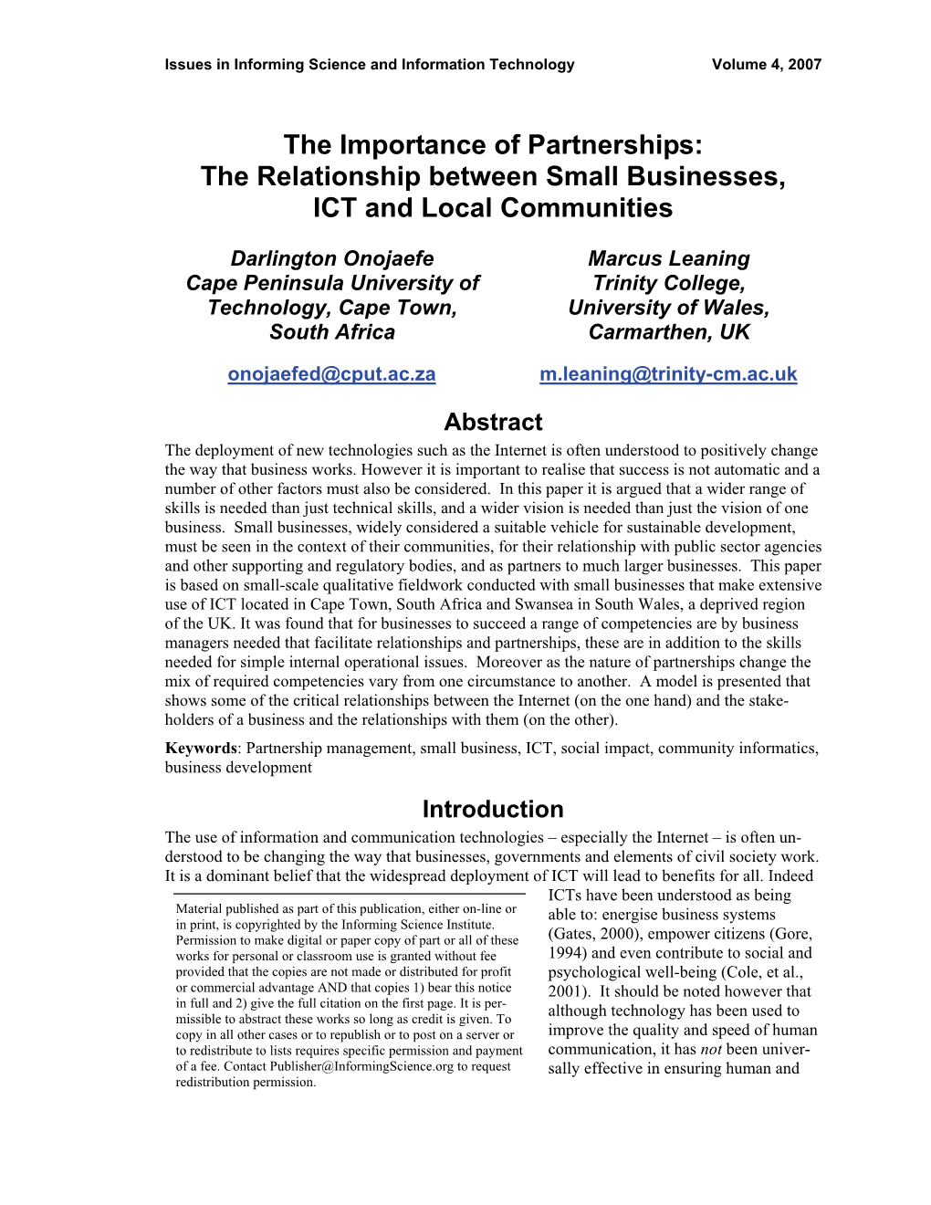The Importance of Partnerships: the Relationship Between Small Businesses, ICT and Local Communities