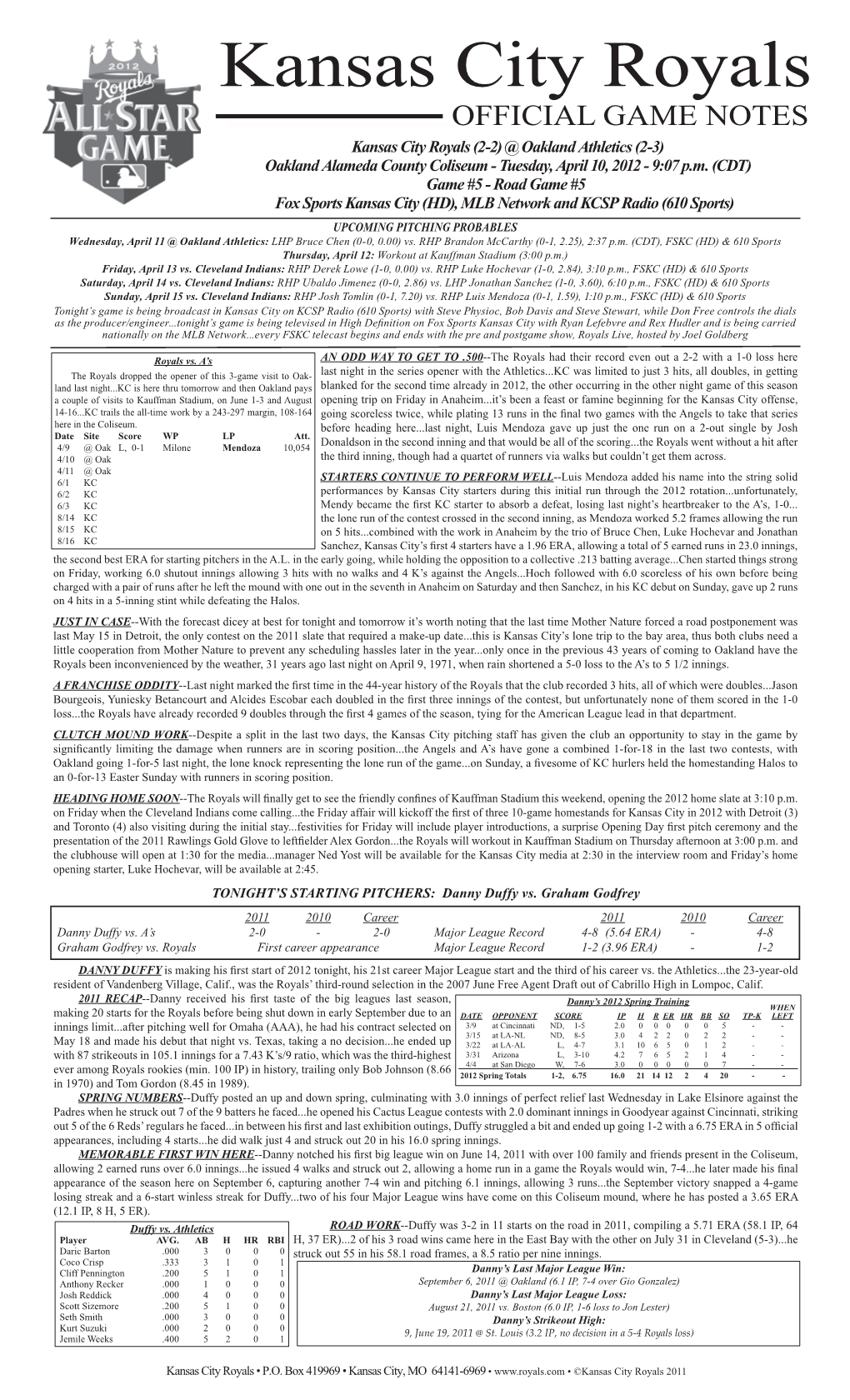 Kansas City Royals OFFICIAL GAME NOTES Kansas City Royals (2-2) @ Oakland Athletics (2-3) Oakland Alameda County Coliseum - Tuesday, April 10, 2012 - 9:07 P.M