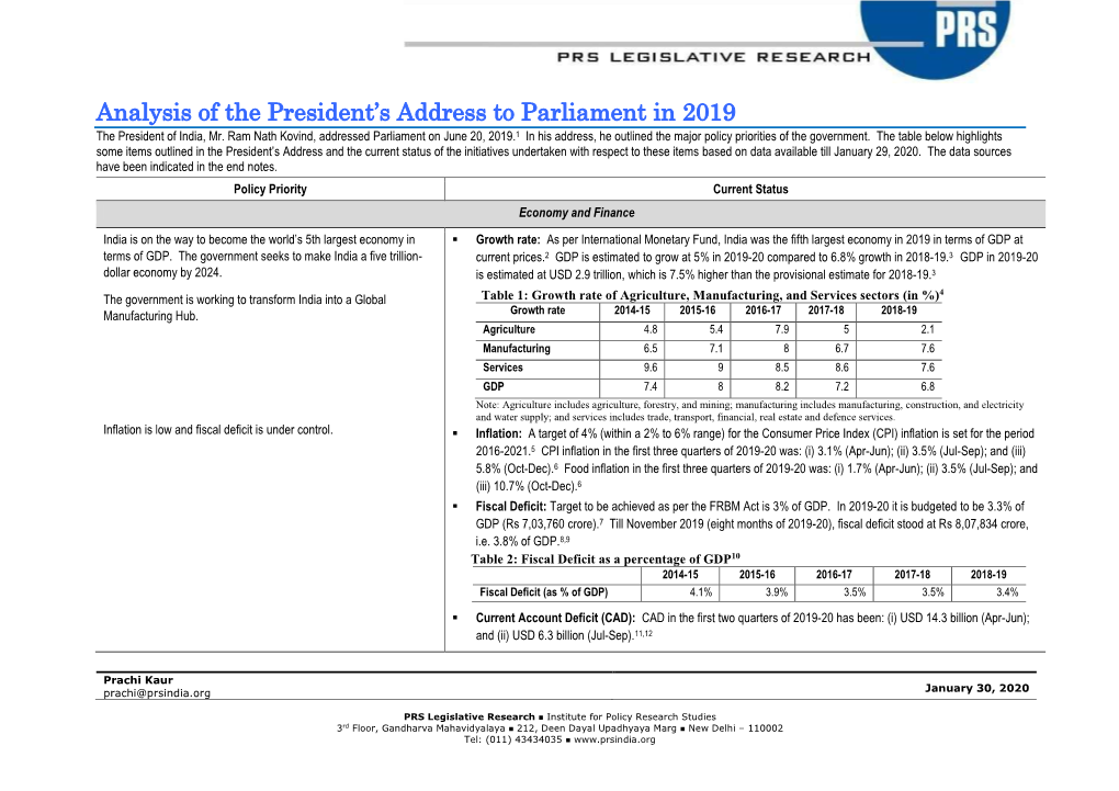 Analysis of the President's Address to Parliament in 2019