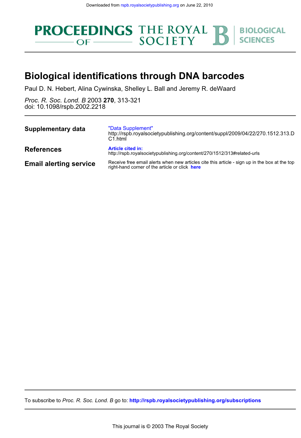 Biological Identifications Through DNA Barcodes