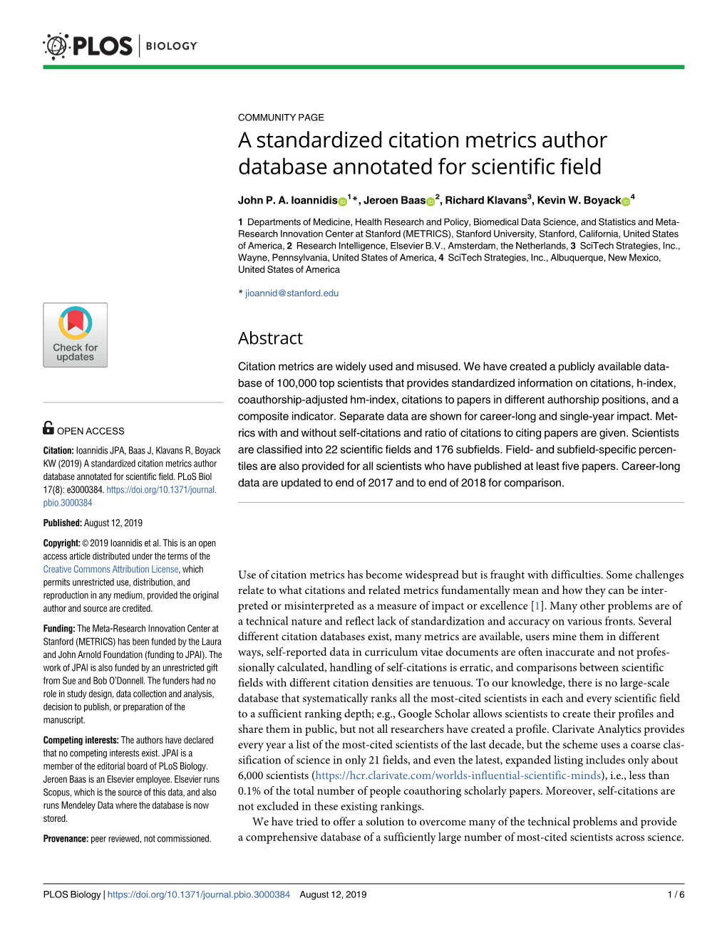 A Standardized Citation Metrics Author Database Annotated for Scientific Field