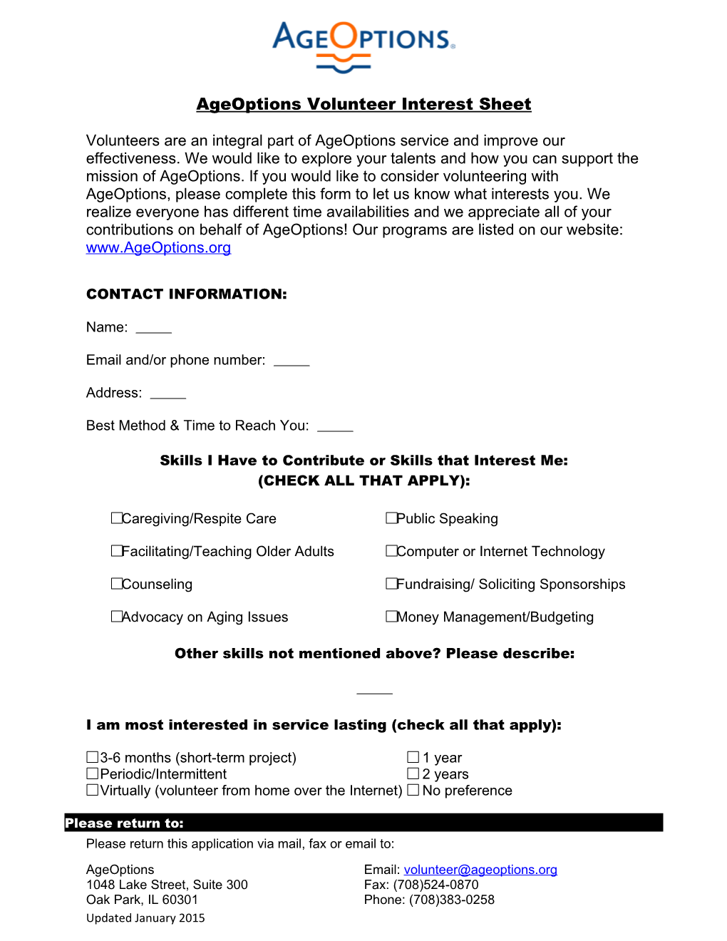 Ageoptions Volunteer Interest Sheet