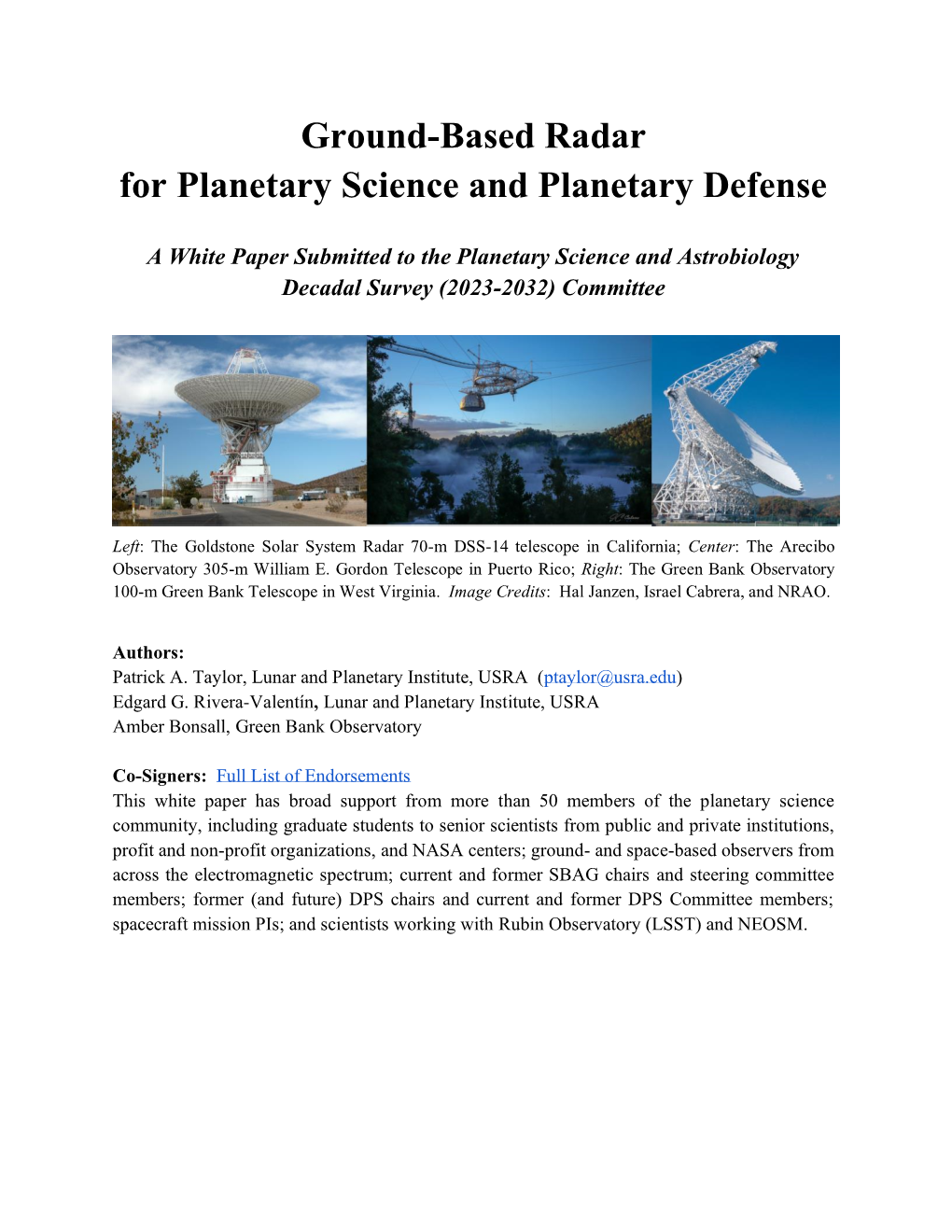 Ground-Based Radar for Planetary Science and Planetary Defense