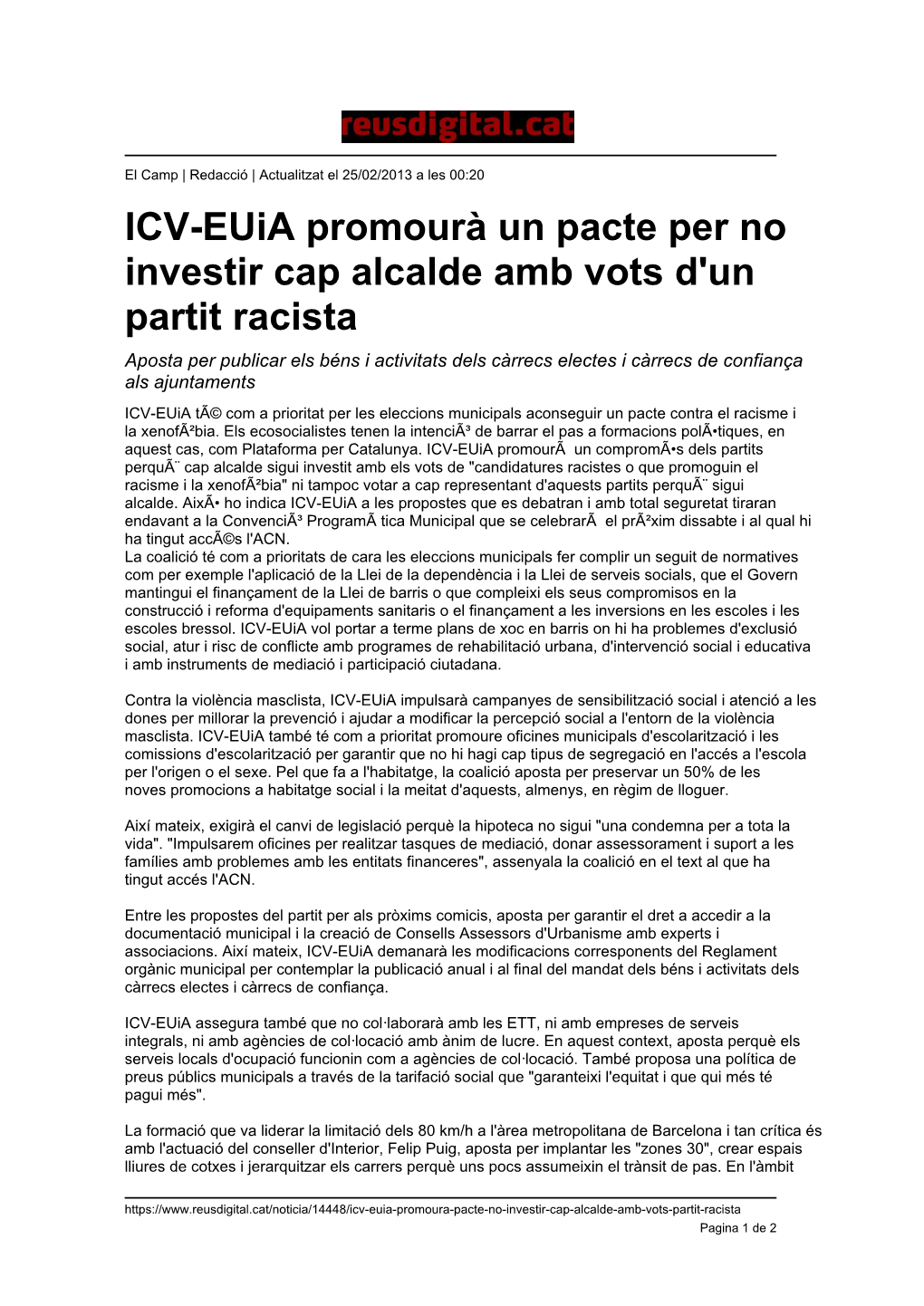 ICV-Euia Promourà Un Pacte Per No Investir Cap Alcalde Amb Vots D'un