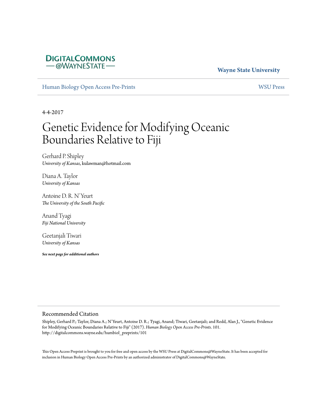 Genetic Evidence for Modifying Oceanic Boundaries Relative to Fiji Gerhard P