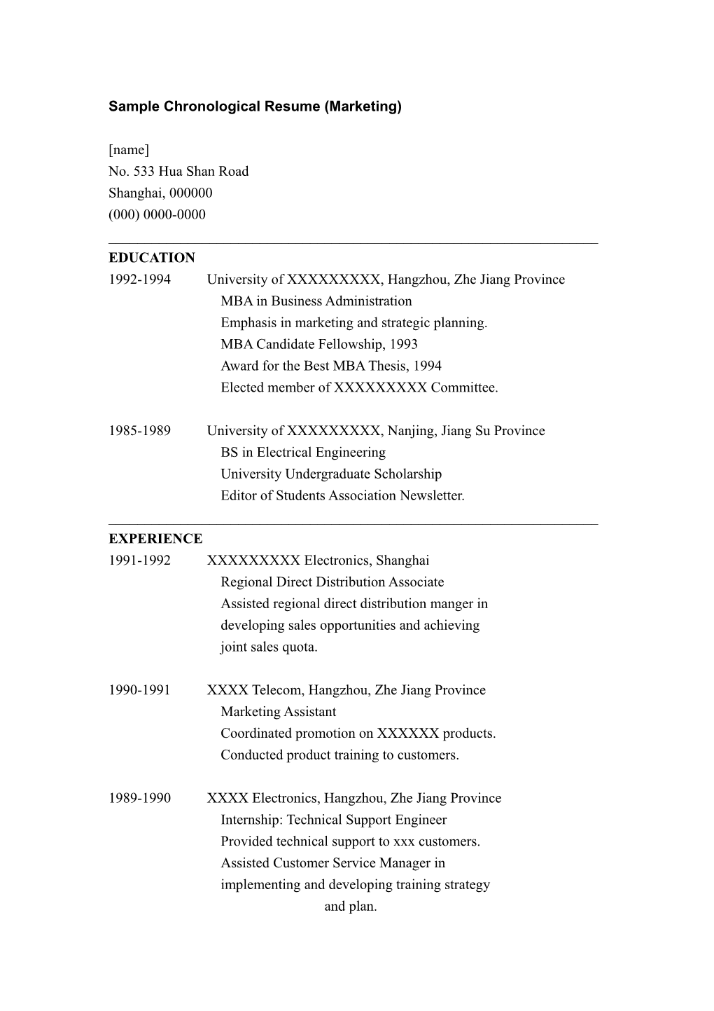 Sample Chronological Resume (Marketing)