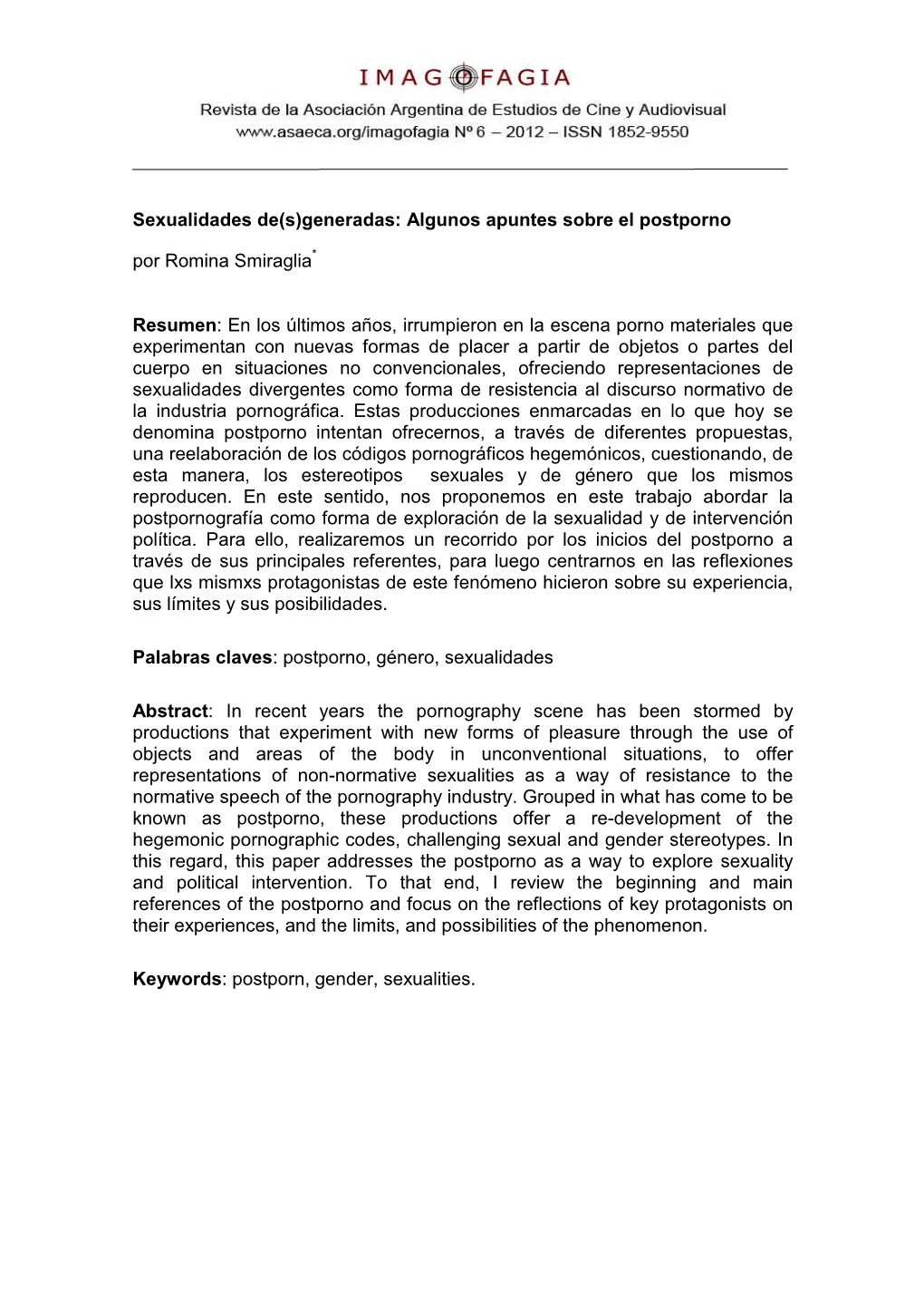 Generadas: Algunos Apuntes Sobre El Postporno Por Romina Smiraglia *