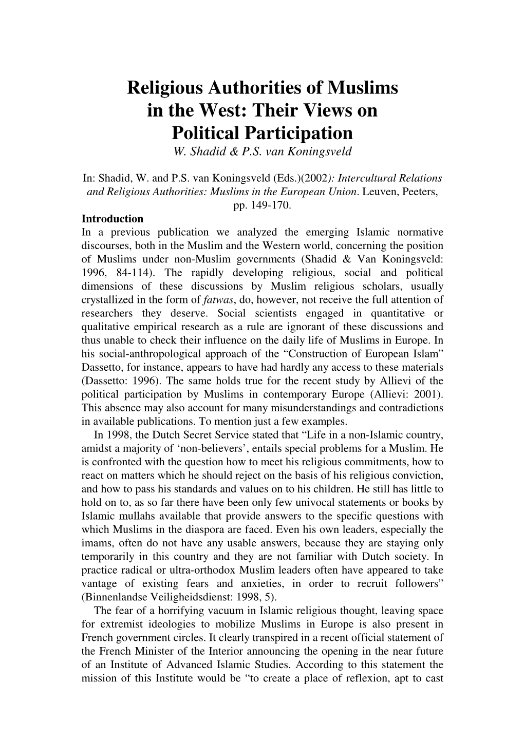 Religious Authorities of Muslims in the West: Their Views on Political Participation W