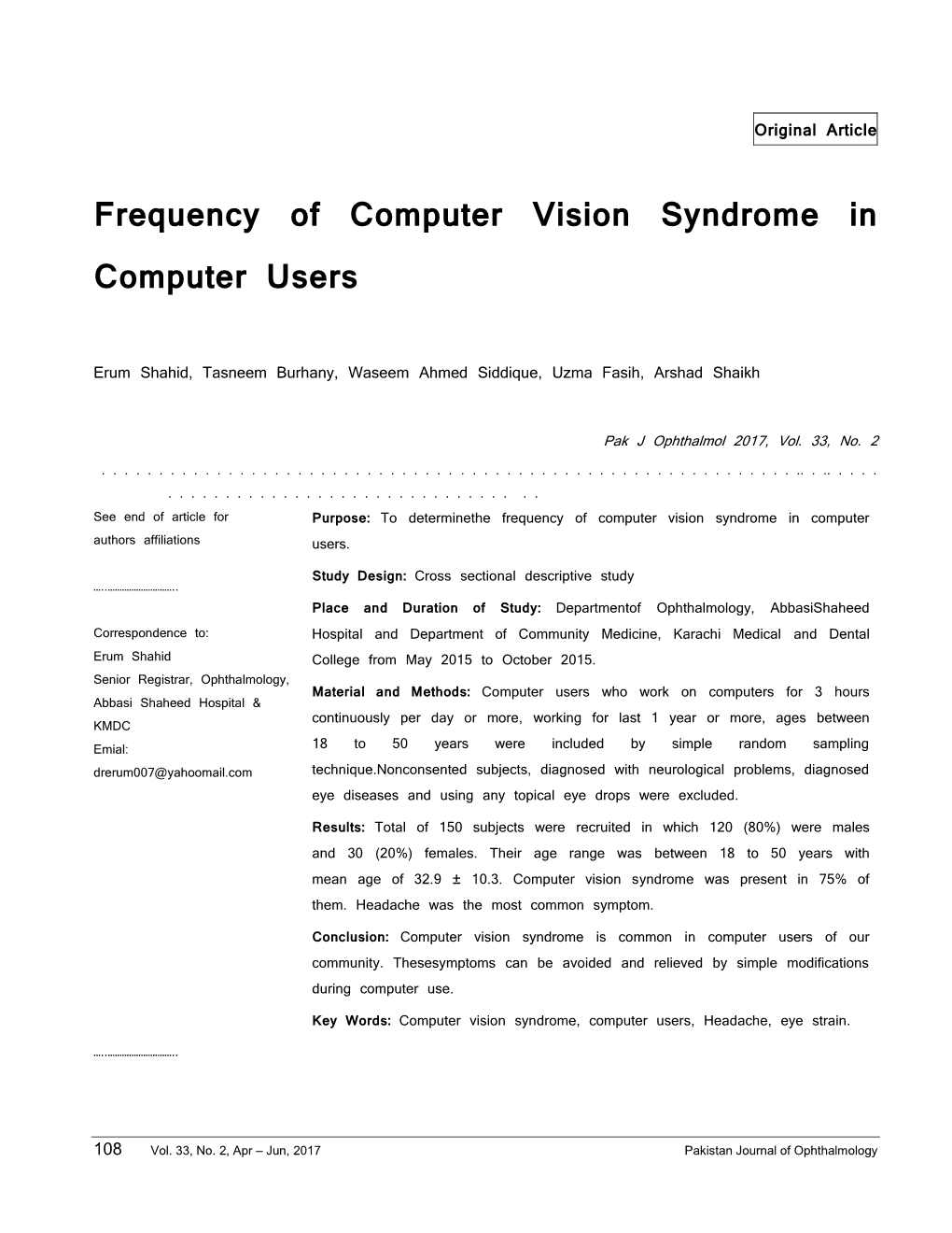 Frequency of Computer Vision Syndrome in Computer Users