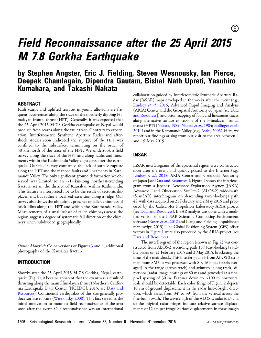 Field Reconnaissance After the 25 April 2015 M 7.8 Gorkha Earthquake by Stephen Angster, Eric J