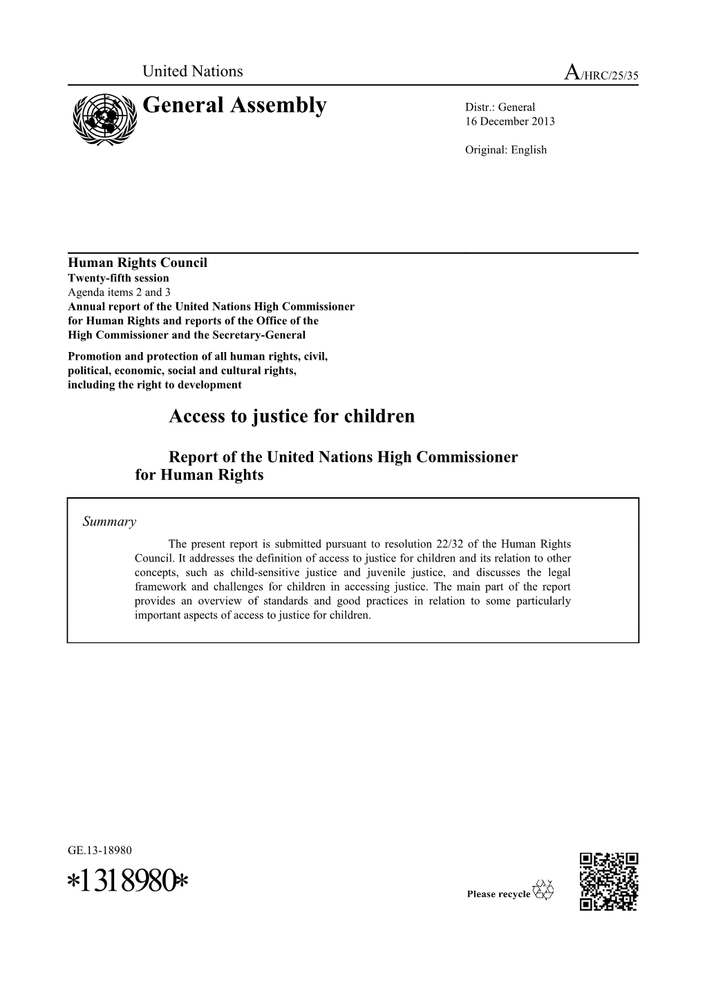 Access To Justice For Children - Report Of The High Commissioner For Human Rights In English