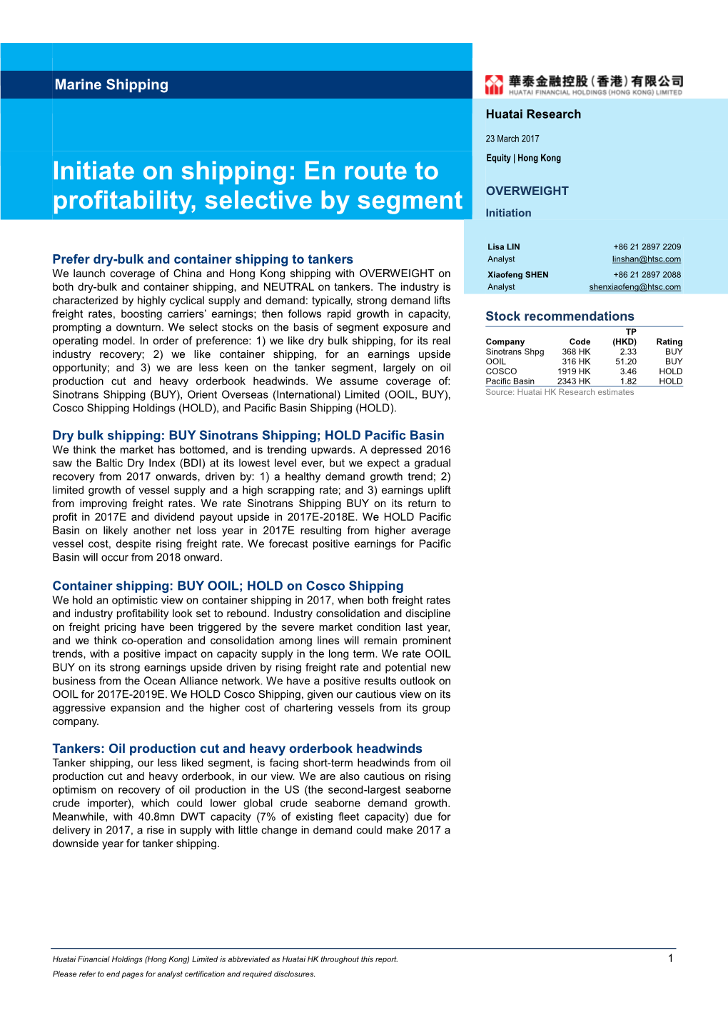 Initiate on Shipping: En Route to Profitability, Selective by Segment