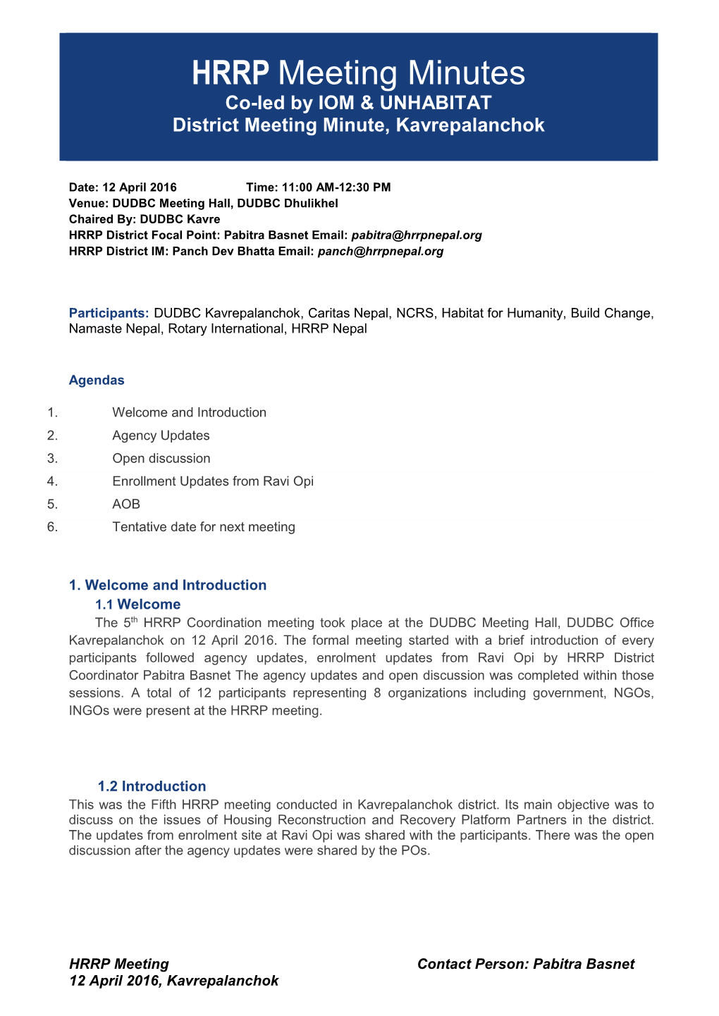 HRRP Meeting Minutes Co-Led by IOM & UNHABITAT District Meeting Minute, Kavrepalanchok