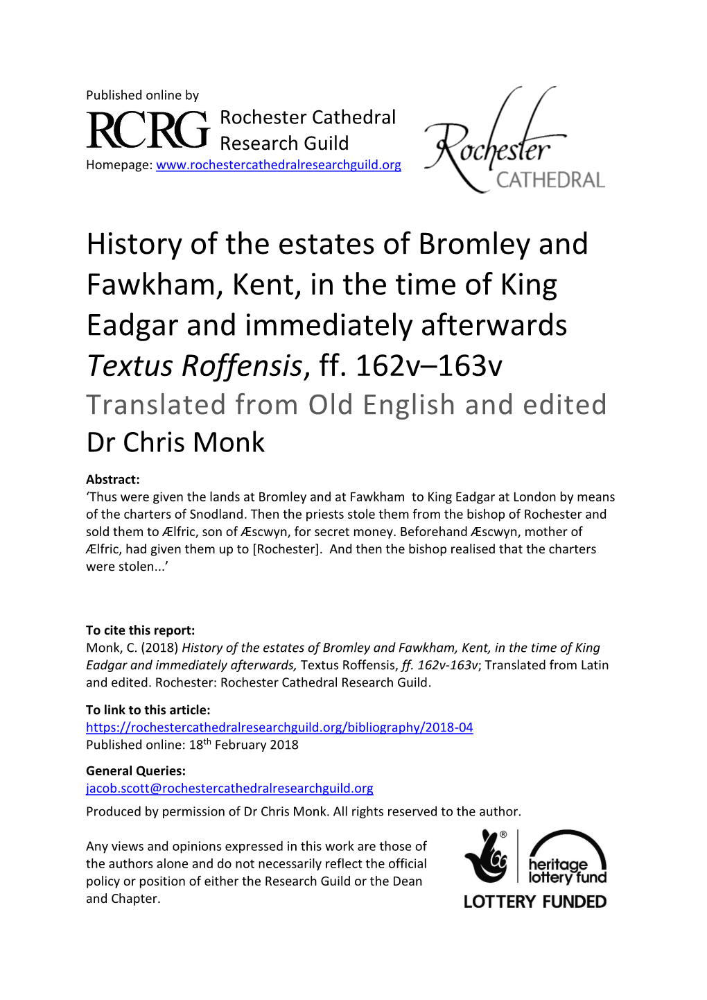 History of the Estates of Bromley and Fawkham, Kent, in the Time of King Eadgar and Immediately Afterwards Textus Roffensis, Ff